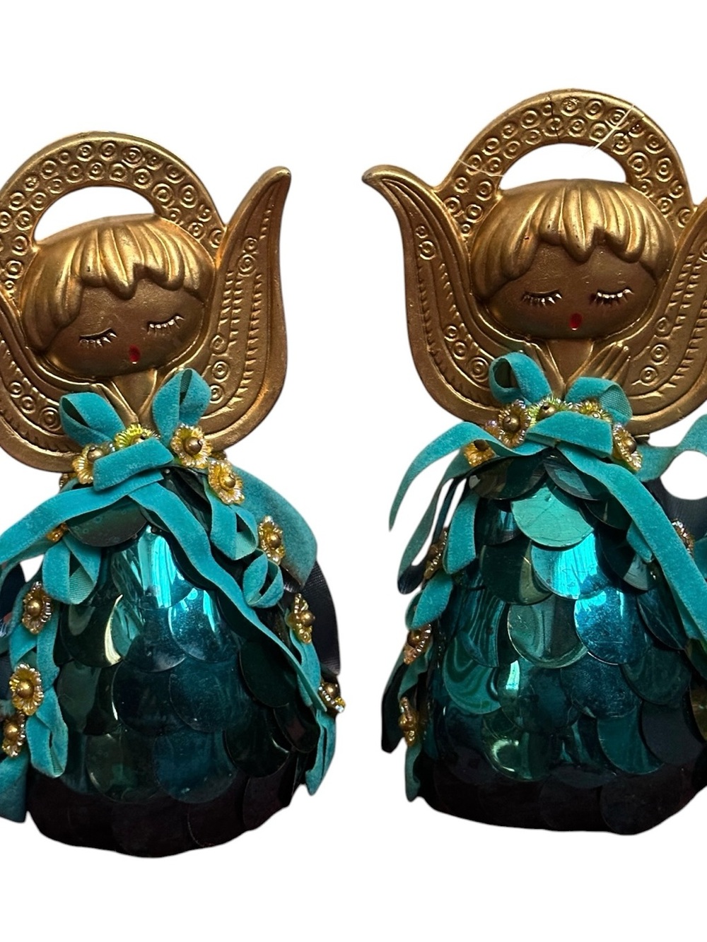 2 Vtg Walco Angel Ornament Figure Sequins Beads Velvet Ribbon Handmade Ornament